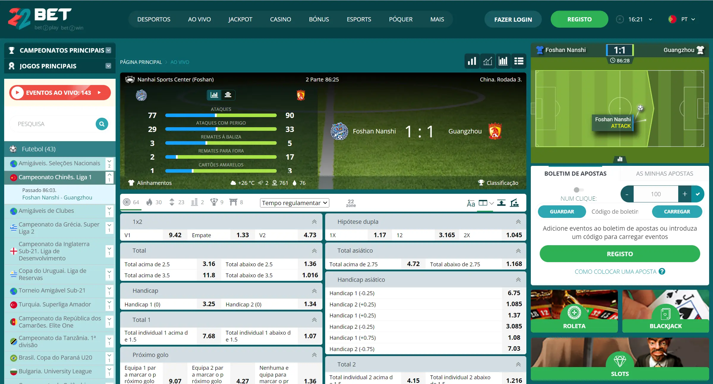 Opções de apostas ao vivo