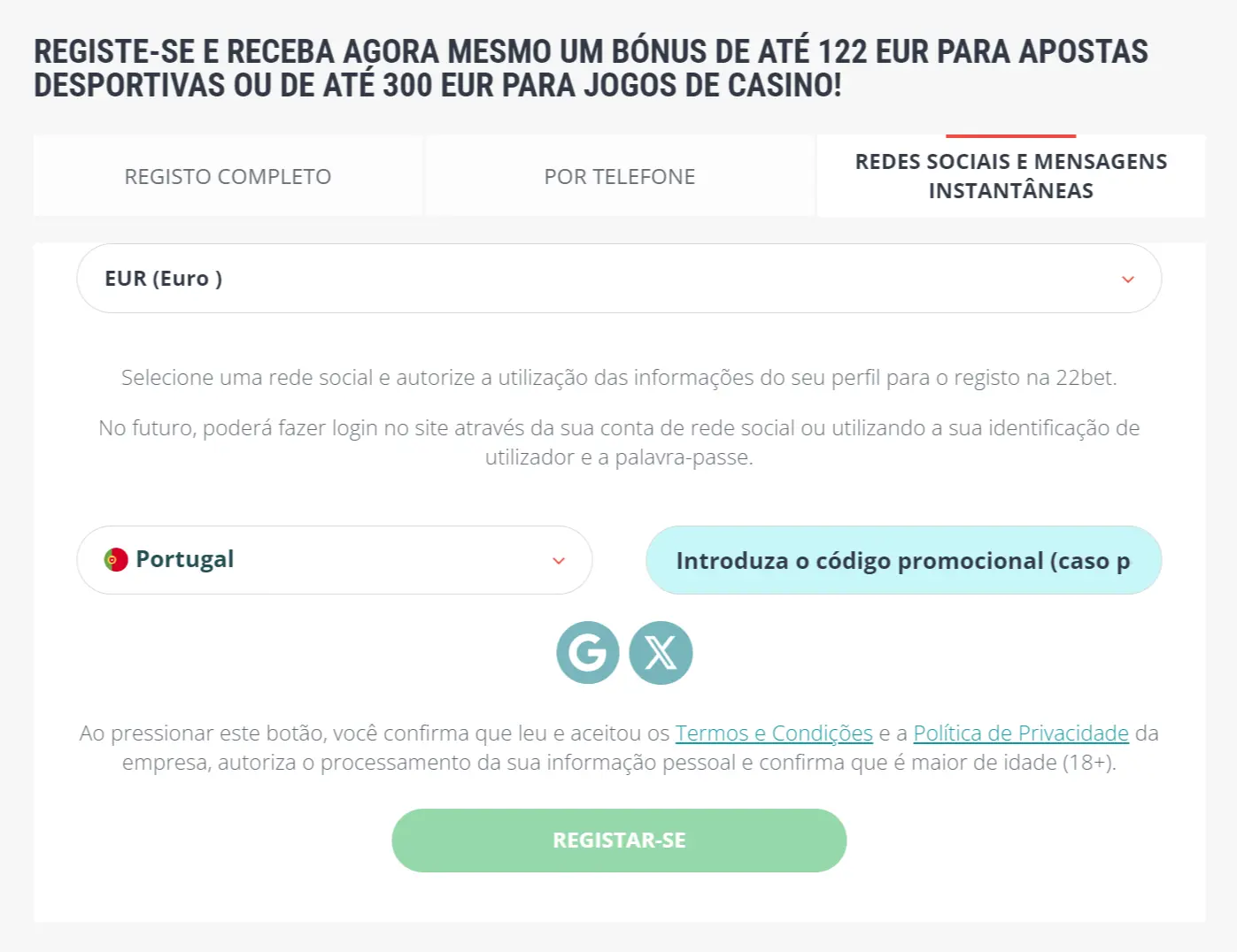 Registo através das redes sociais no 22Bet