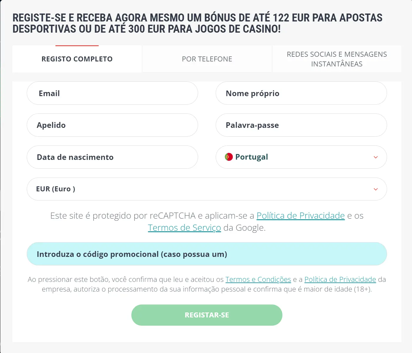 Registo completo no 22Bet